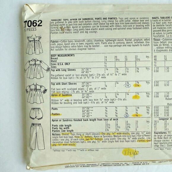 +Vtg 80s Simplicity 7062 Toddler Top Pinafore Dress Pants Panties Sewing Pattern - Picture 4 of 5